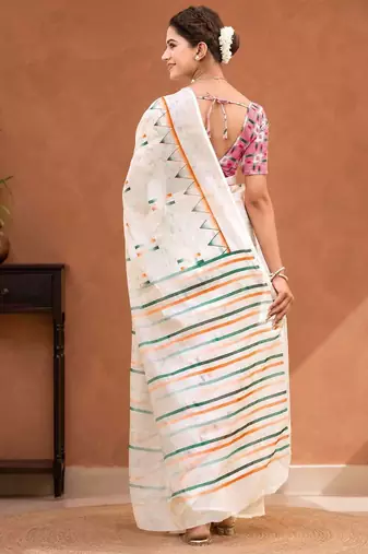 White color linen cotton digital printed saree with un-stitched blouse