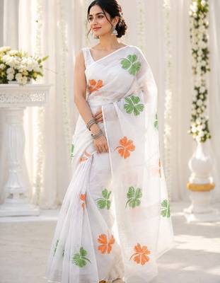White color linen cotton digital printed saree with un-stitched blouse 1