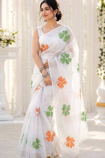 White color linen cotton digital printed saree with un-stitched blouse