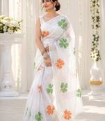 White color linen cotton digital printed saree with un-stitched blouse