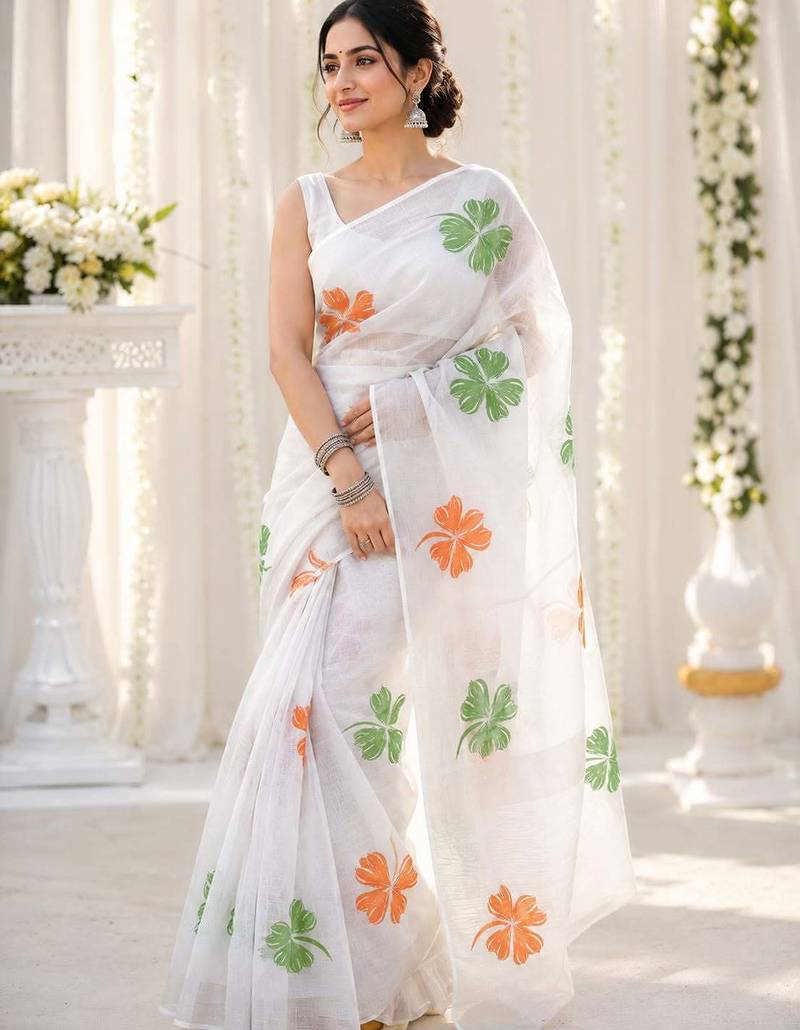 White color linen cotton digital printed saree with un-stitched blouse