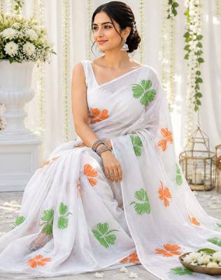White color linen cotton digital printed saree with un-stitched blouse 2