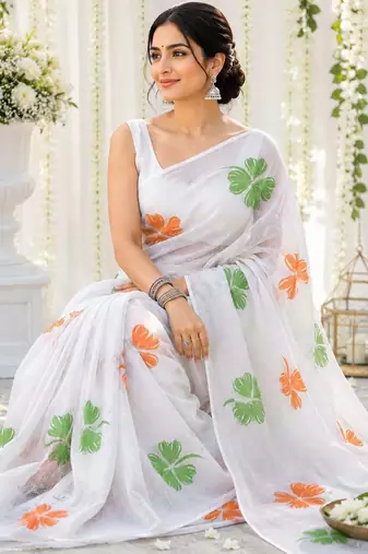 White color linen cotton digital printed saree with un-stitched blouse