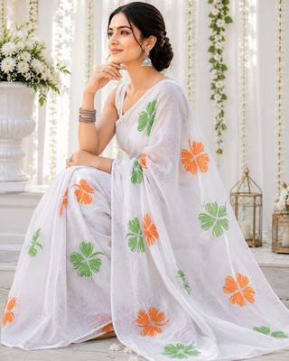 White color linen cotton digital printed saree with un-stitched blouse 3