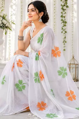 White color linen cotton digital printed saree with un-stitched blouse
