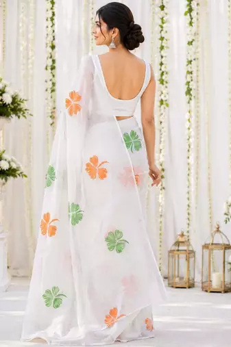 White color linen cotton digital printed saree with un-stitched blouse