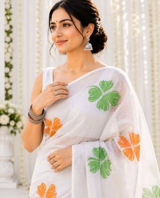 White color linen cotton digital printed saree with un-stitched blouse 5