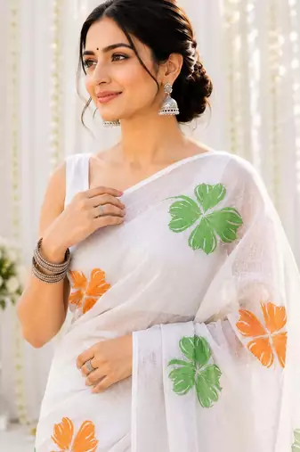 White color linen cotton digital printed saree with un-stitched blouse