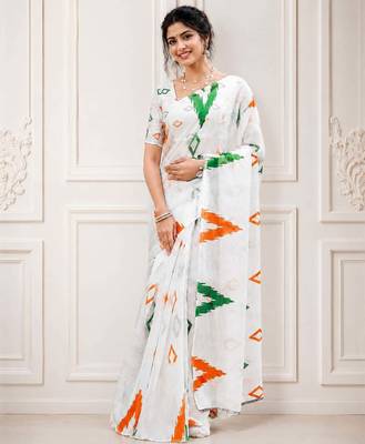 White color linen cotton digital printed saree with un-stitched blouse 1