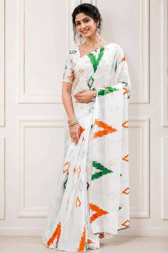 White color linen cotton digital printed saree with un-stitched blouse