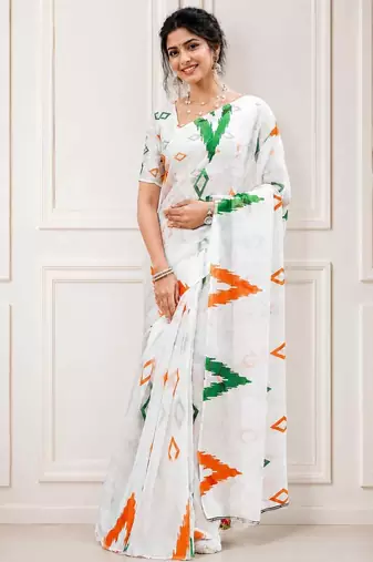 White color linen cotton digital printed saree with un-stitched blouse
