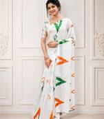 White color linen cotton digital printed saree with un-stitched blouse