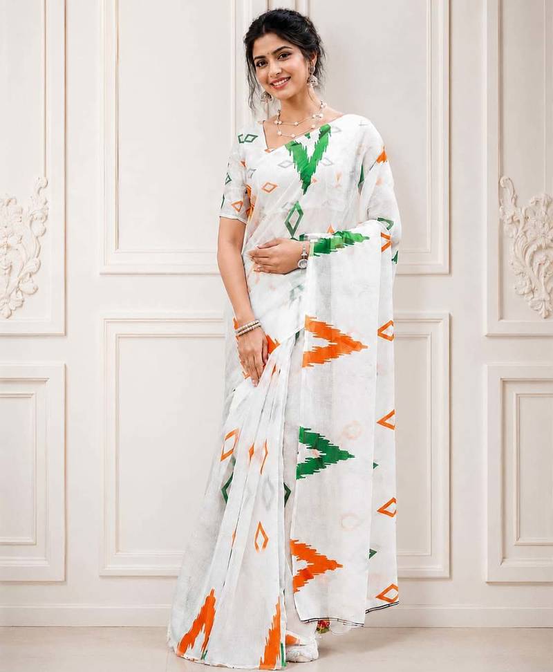 White color linen cotton digital printed saree with un-stitched blouse