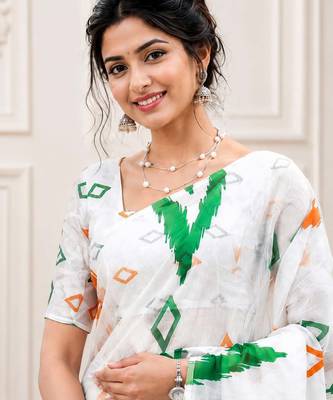White color linen cotton digital printed saree with un-stitched blouse 2