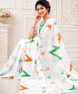 White color linen cotton digital printed saree with un-stitched blouse 3