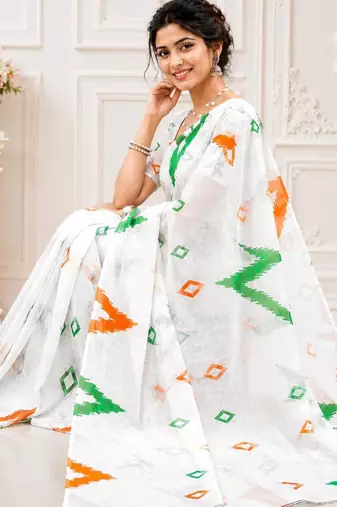 White color linen cotton digital printed saree with un-stitched blouse