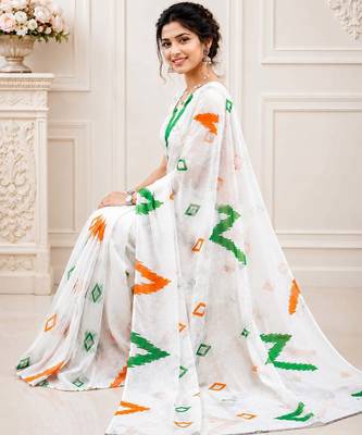 White color linen cotton digital printed saree with un-stitched blouse 4