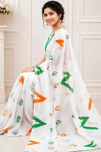 White color linen cotton digital printed saree with un-stitched blouse