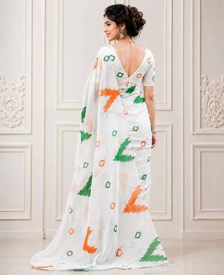 White color linen cotton digital printed saree with un-stitched blouse 5