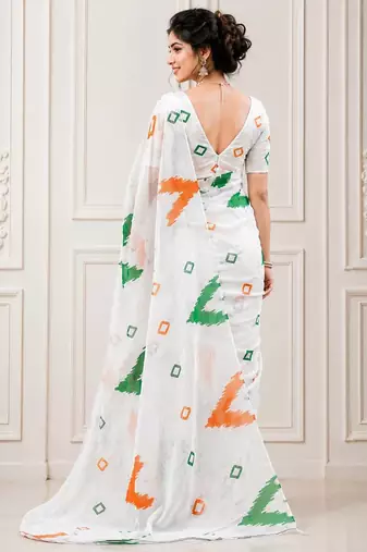 White color linen cotton digital printed saree with un-stitched blouse