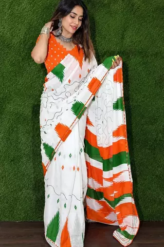 White color linen cotton digital printed saree with un-stitched blouse