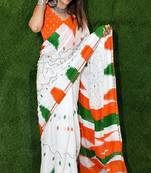 White color linen cotton digital printed saree with un-stitched blouse
