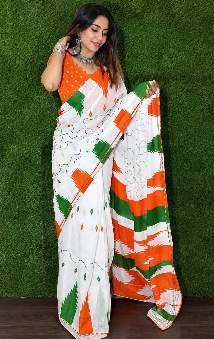 White color linen cotton digital printed saree with un-stitched blouse