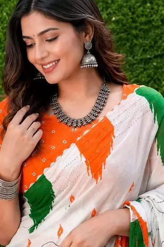 White color linen cotton digital printed saree with un-stitched blouse