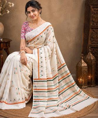 White color linen cotton digital printed saree with un-stitched blouse 5