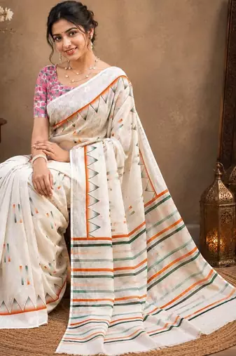 White color linen cotton digital printed saree with un-stitched blouse