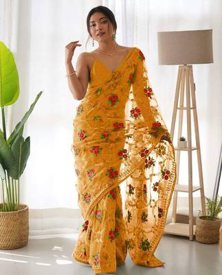 Yellow net embroidered aari work heavy look ethnic saree with blouse 1