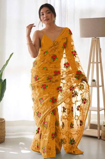 Yellow net embroidered aari work heavy look ethnic saree with blouse