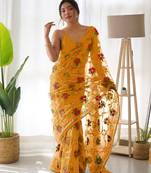 Yellow net embroidered aari work heavy look ethnic saree with blouse
