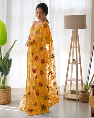 Yellow net embroidered aari work heavy look ethnic saree with blouse 2