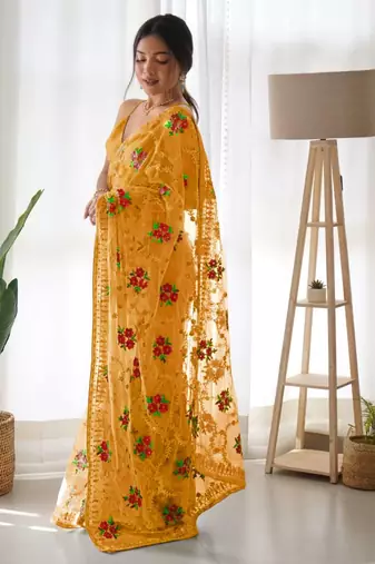 Yellow net embroidered aari work heavy look ethnic saree with blouse