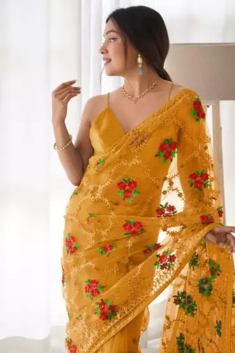 Yellow net embroidered aari work heavy look ethnic saree with blouse