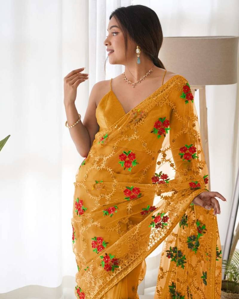 Yellow net embroidered aari work heavy look ethnic saree with blouse