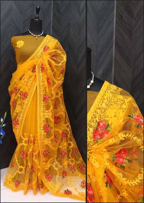 Yellow net embroidered aari work heavy look ethnic saree with blouse 4