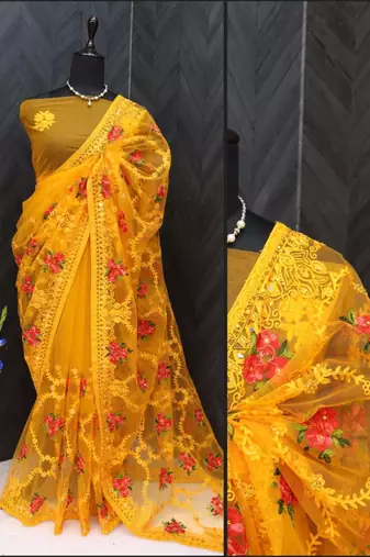 Yellow net embroidered aari work heavy look ethnic saree with blouse