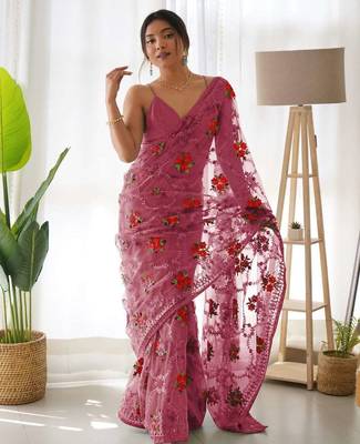 Pink net embroidered aari work heavy look ethnic saree with blouse 1