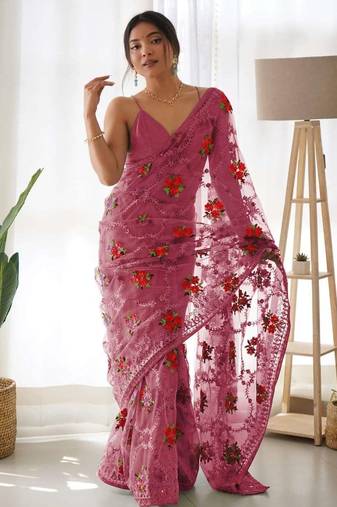 Pink net embroidered aari work heavy look ethnic saree with blouse