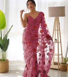Pink net embroidered aari work heavy look ethnic saree with blouse