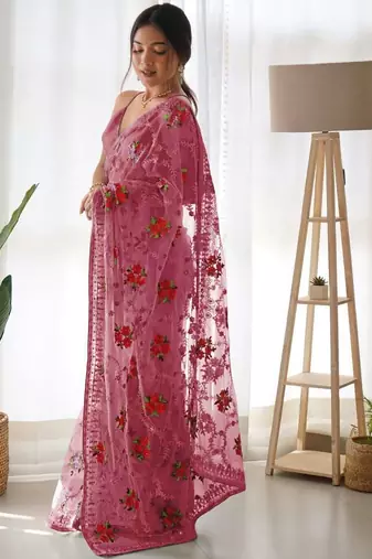 Pink net embroidered aari work heavy look ethnic saree with blouse