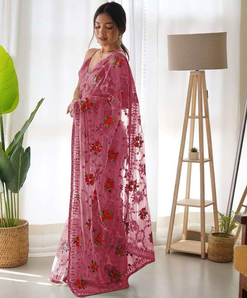Pink net embroidered aari work heavy look ethnic saree with blouse
