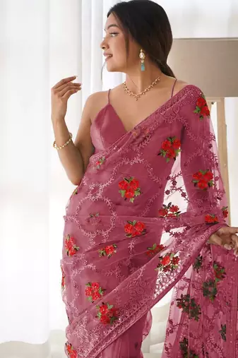 Pink net embroidered aari work heavy look ethnic saree with blouse