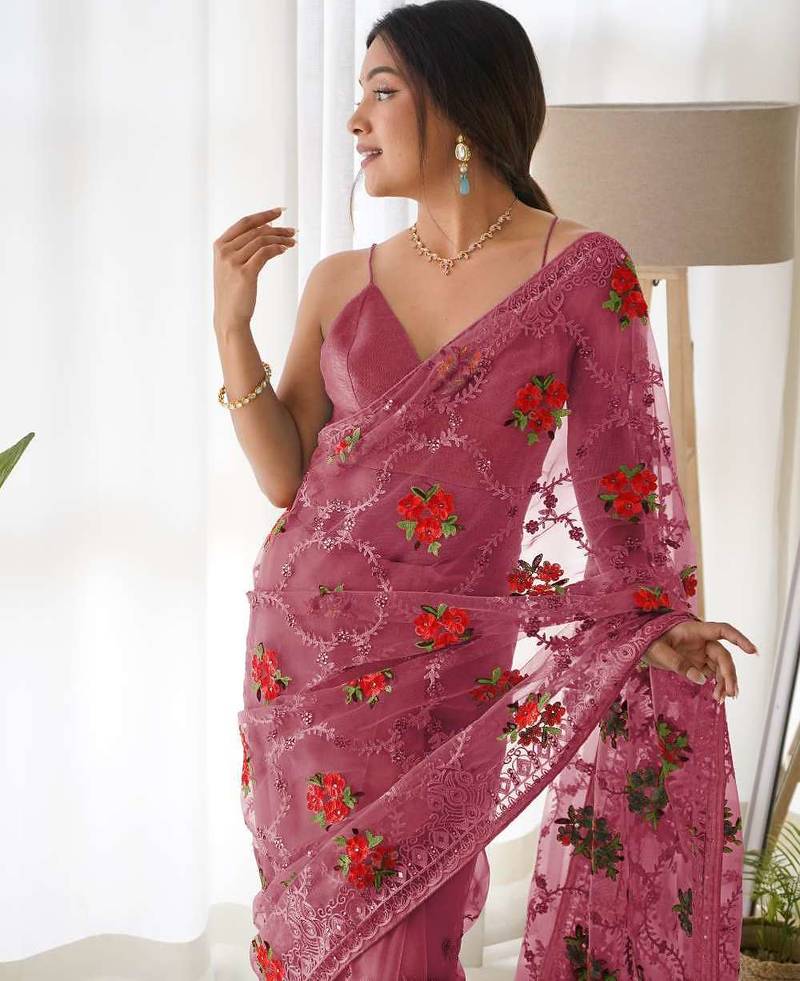 Pink net embroidered aari work heavy look ethnic saree with blouse