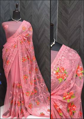 Pink net embroidered aari work heavy look ethnic saree with blouse 4