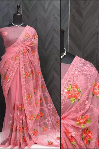 Pink net embroidered aari work heavy look ethnic saree with blouse