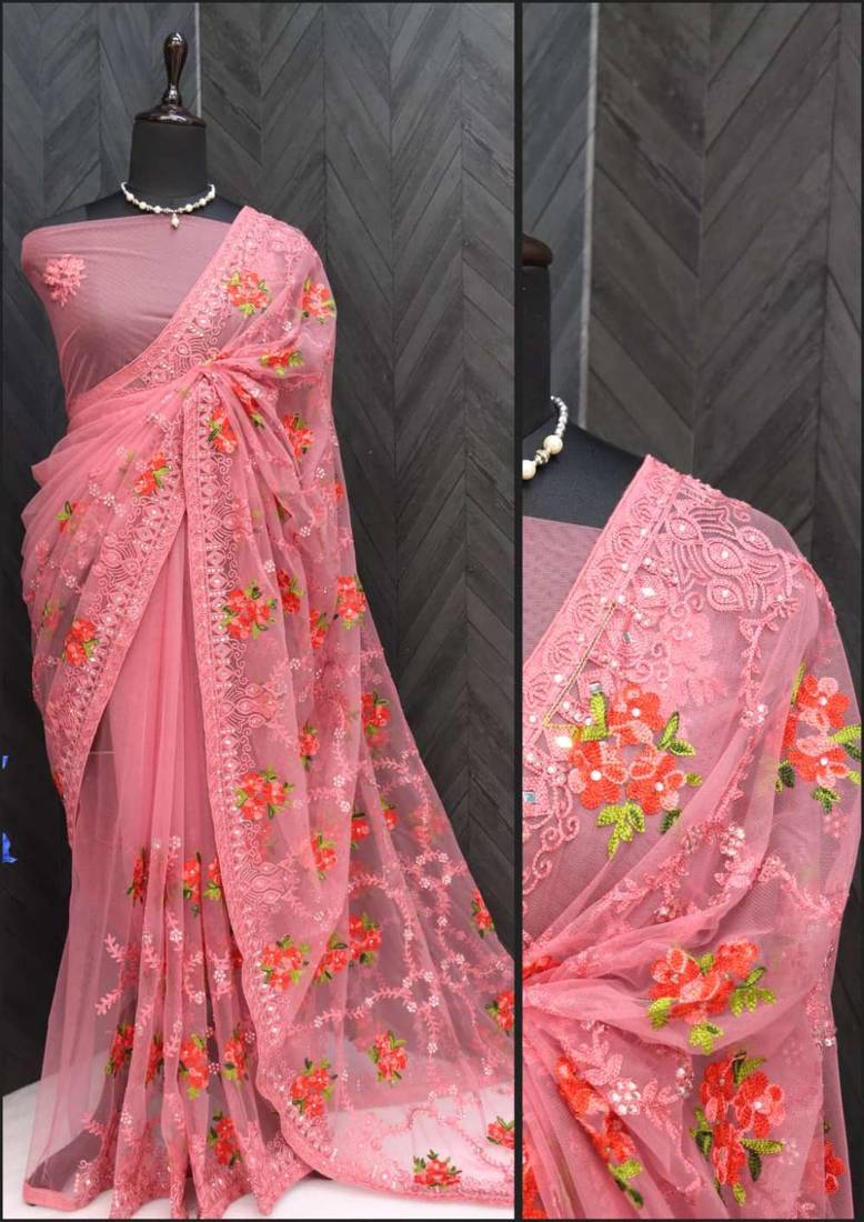 Pink net embroidered aari work heavy look ethnic saree with blouse