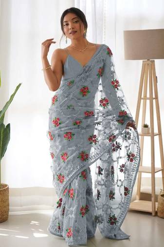 Grey net embroidered aari work heavy look ethnic saree with blouse